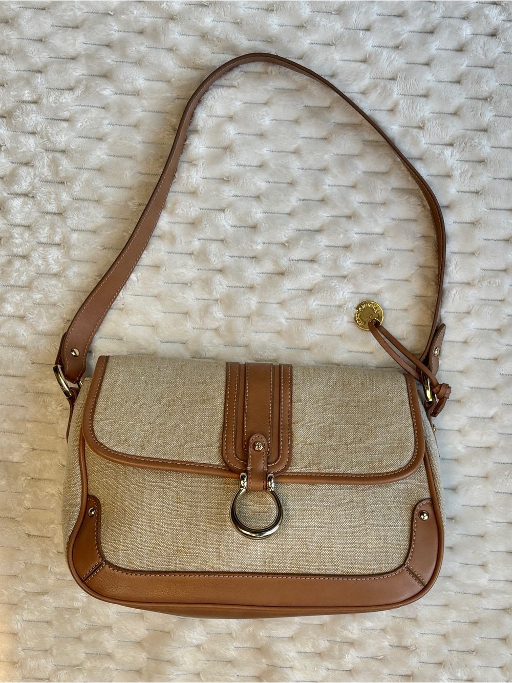 Etienne Aigner Tan Beige Linen Canvas Shoulder Bag Gold Hardware Flapover